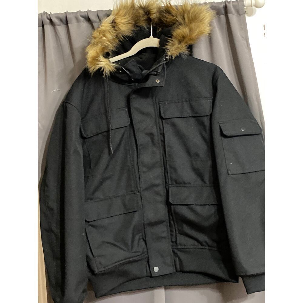 L.O.G.O / H& M WO‎ size large Black hooded faux fur quilted coat multi pockets
